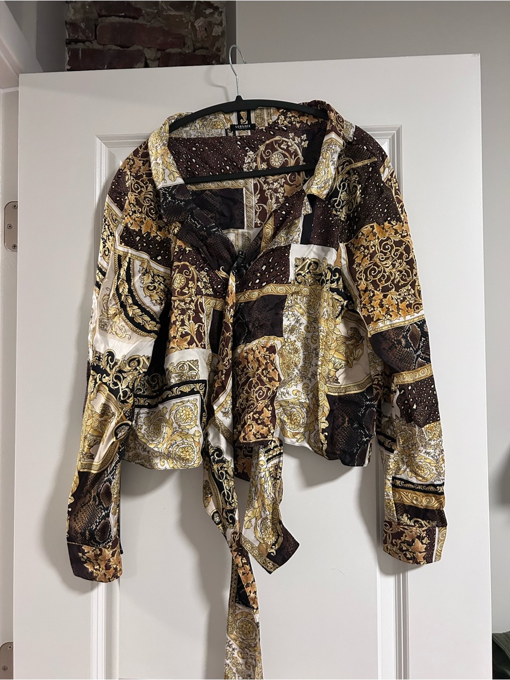 Versace Barocco Patchwork Print Cropped Silk Shirt